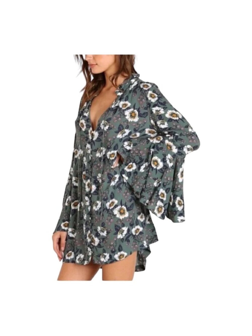 Free People Green Magic Mystery Floral Tunic Top Women SZ XS  Bell Sleeve Casual